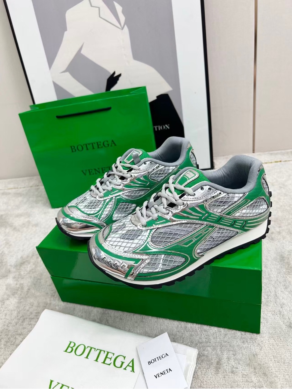 Bottega Veneta Green & Silver Mesh Sneakers